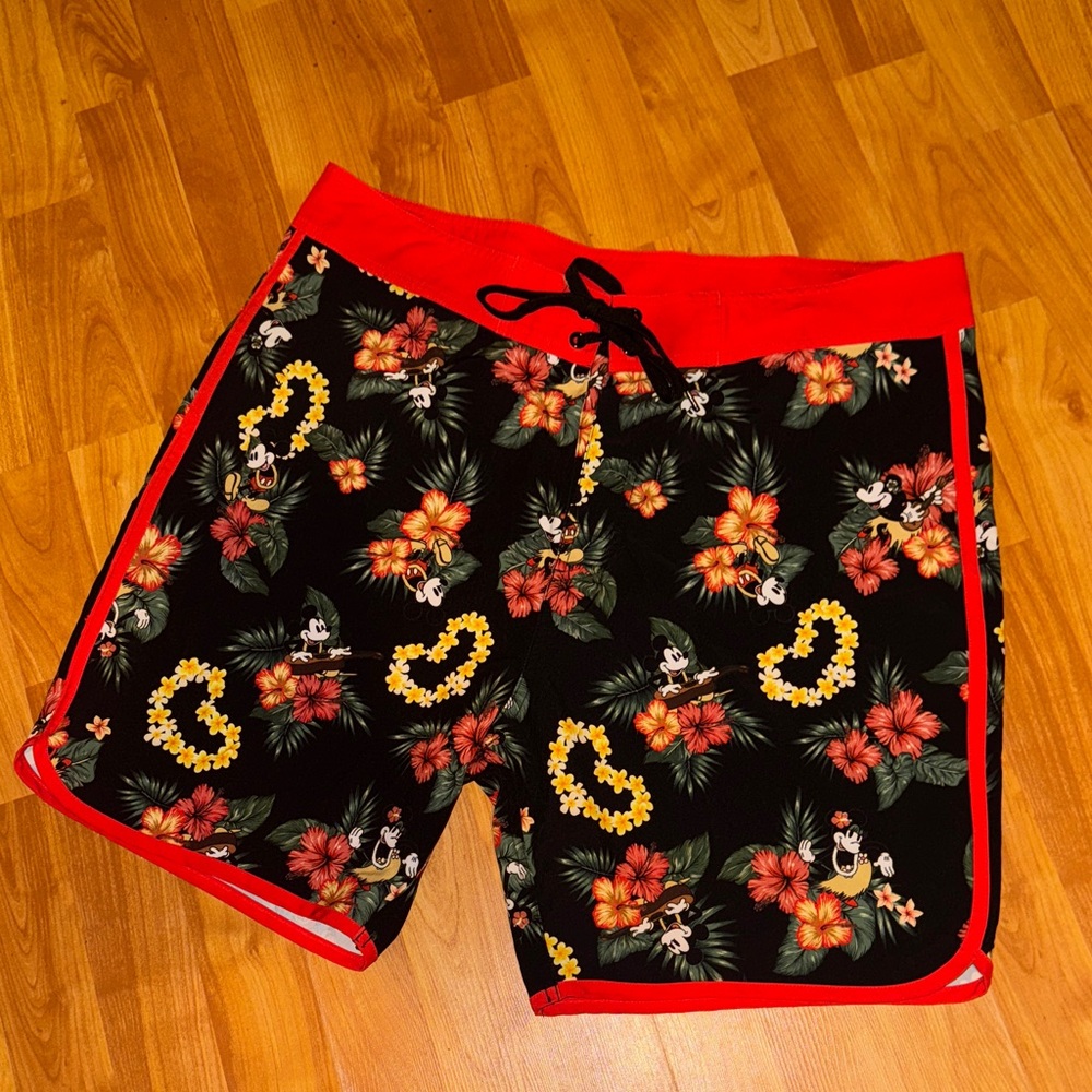 Disney Black Floral Mickey Men's Swim Trunks with Red Trim
